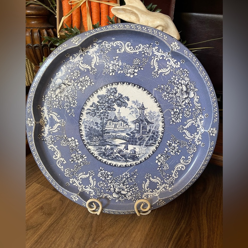 English Blue Willow Vtg  Daher Serving Tray Blue & White Decor Made in England!